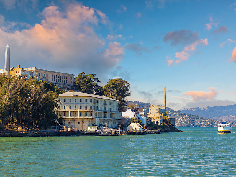 Alcatraz Island with the blue ocean around it
