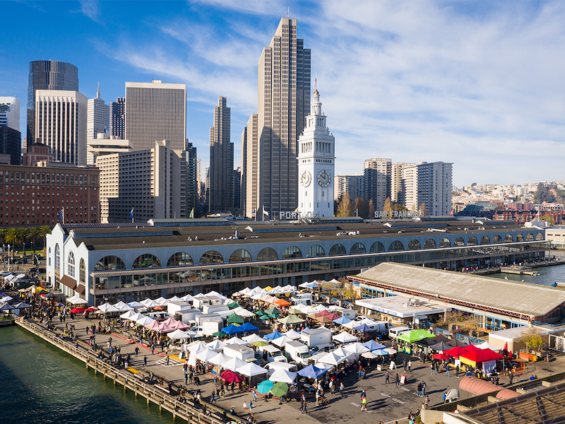 Drone view of a market at the Ferry Building