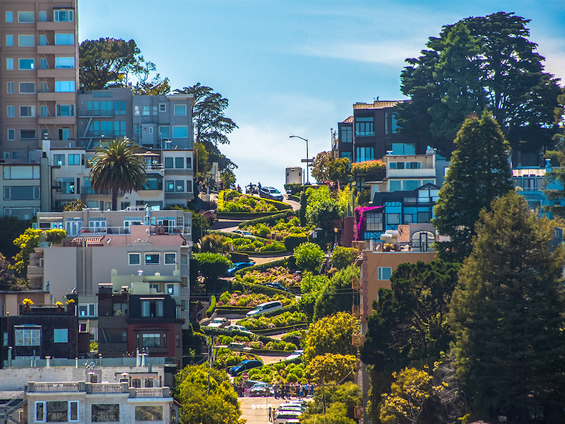 San Francisco's Lombard Street with a curvy steep road filled with cars and well manicured bushes