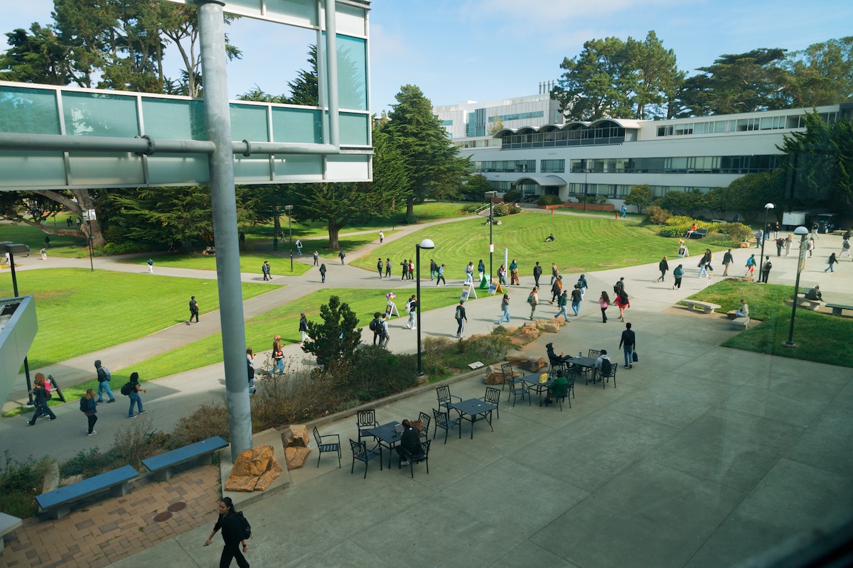 SFSU students on campus outside, view from the library