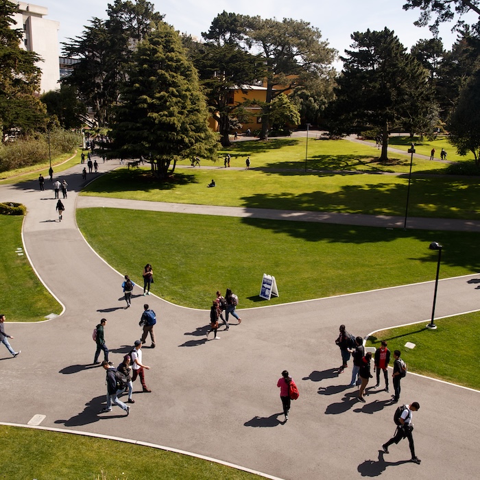 areal view of students walking on campus sidewalk with trees and grass surrounding the area
