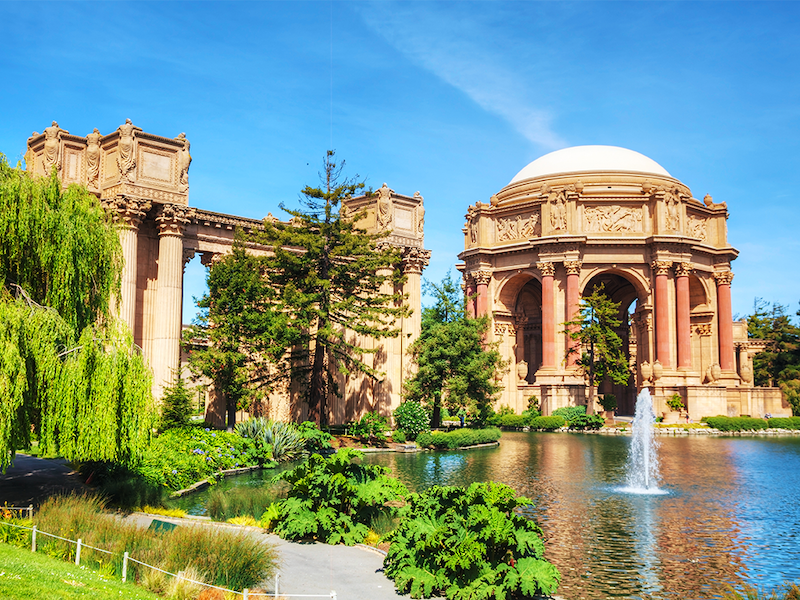 Palace of Fine Arts building structures next to water, water feature and trees